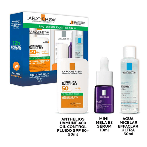 Kit Anthelios UVMune 400 La Roche Posay Oil Control Fluido +Mela B3 Serum 10Ml+Agua Micelar 50Ml